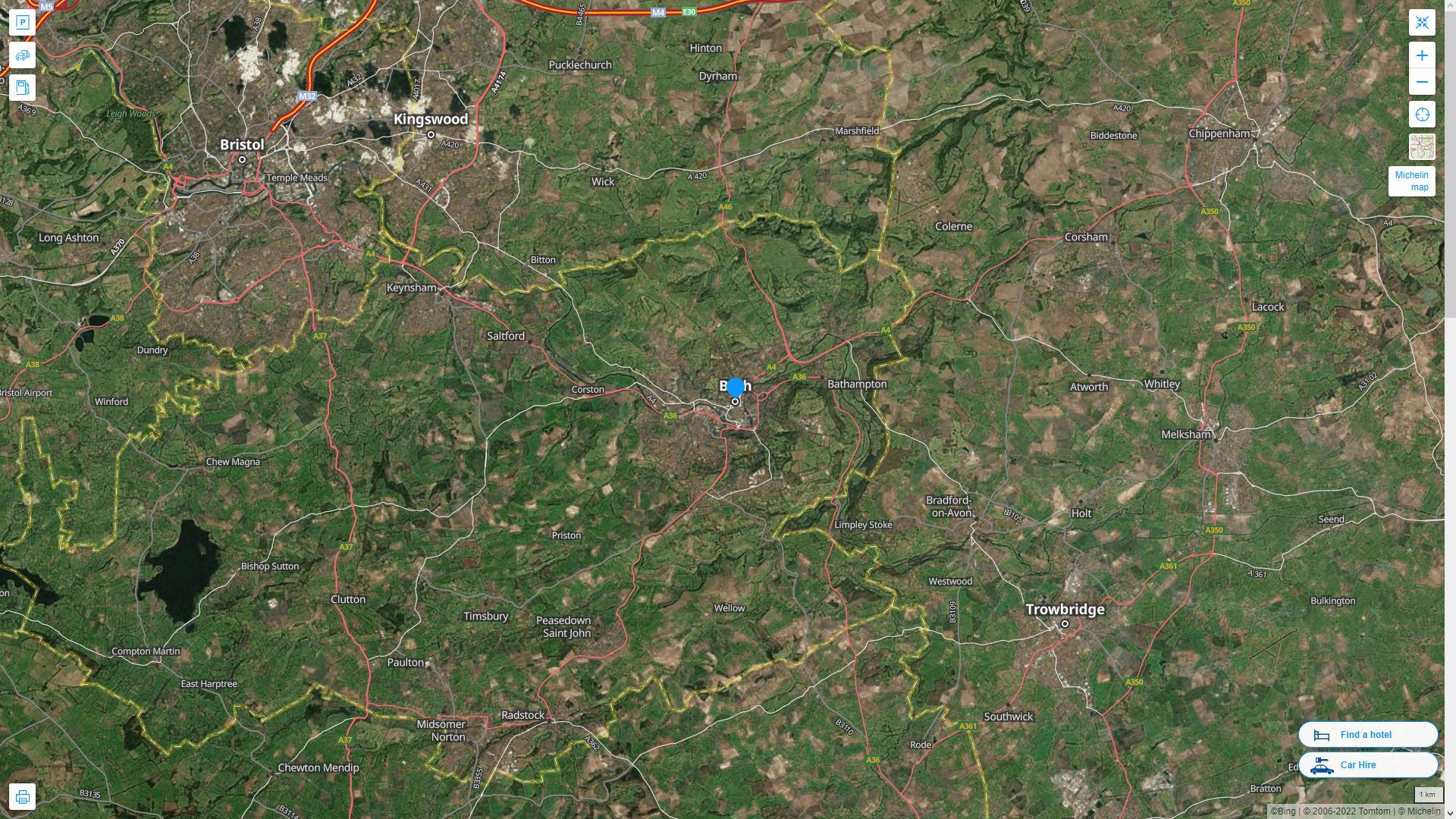 Bath Royaume Uni Autoroute et carte routiere avec vue satellite